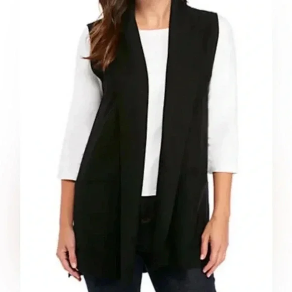 Eileen Fisher Black Wool Open Sweater Vest, XS, Draped Front - Picture 1 of 6